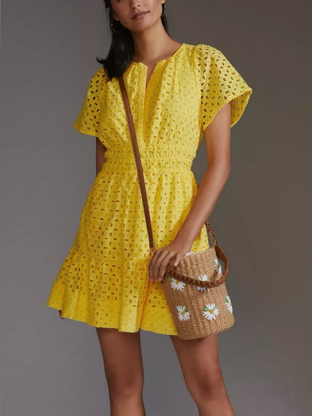 Anthropologie The Somerset Mini Dress Eyelet Edition Yellow Large
